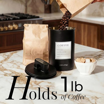 STYLED SETTINGS Coffee Storage Container - Airtight Vacuum Coffee Canister with Scoop and Label - Matte Black Canister Holds 1lb Beans or Grounds, Dual-Lid Freshness System - Perfect for Gifting
