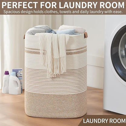 AINUOQI Laundry Basket with Handles - Blanket Basket & Hampers for Bedroom Aesthetic, Laundry Hamper & Blanket Storage for Living Room, Clothes Hamper, Tall, Large 17" x 14" x 22”, Brown & White