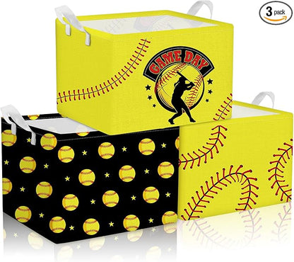 CHENGU 3 Pcs Softball Baskets Storage Bin Easter Basket for Gifts Collapsible Waterproof Canvas Cube Sports Storage Softball Organizer with Handles for Clothes Toys Balls Shelf Nursery Boxes Decor
