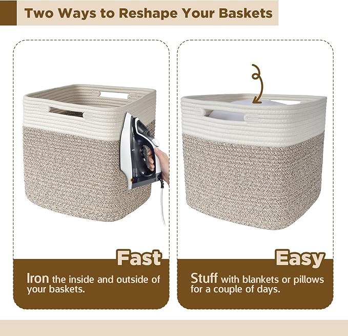 AELS Hand Woven Cotton Baskets for Storage, Cube Storage Bins with Handles, Foldable Collapsible Closet Organizers and Storage, Boho Farmhouse Storage Cubes for Shelves, Beige & Mixed Brown