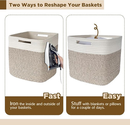 AELS Hand Woven Cotton Baskets for Storage, Cube Storage Bins with Handles, Foldable Collapsible Closet Organizers and Storage, Boho Farmhouse Storage Cubes for Shelves, Beige & Mixed Brown
