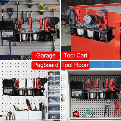 Magnetic Power Tool Organizer Rack - Heavy Duty Metal Organizer Rack for Cordless Drill,Screwdriver,Screw with 4 Stainless Steel cup for Tool Cart,Pegboards,Workbench,Garage,Toolbox