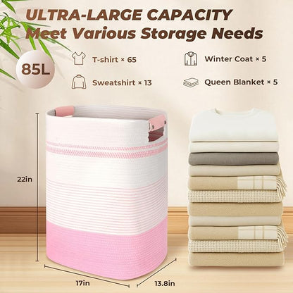 AINUOQI Laundry Basket with Handles - Blanket Basket & Hampers for Bedroom Aesthetic, Laundry Hamper & Blanket Storage for Living Room, Clothes Hamper, Tall, Large 17" x 14" x 22”, Pink & White