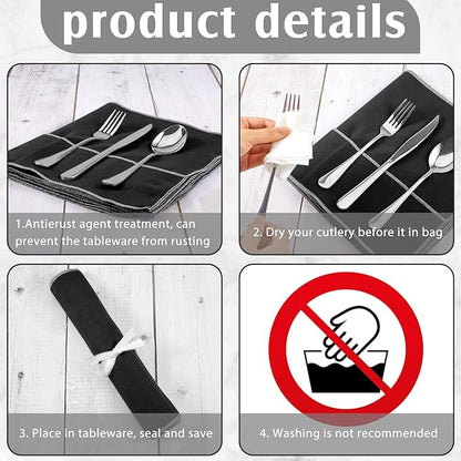 Hillban 6 Pcs Anti Tarnish Silver Storage Bags Silver Storage Cloth Felt Flatware Organizer Anti Tarnish Protector Bags Place Setting Roll with White Ribbon for Kitchen Cutlery (12 Slots,Black)