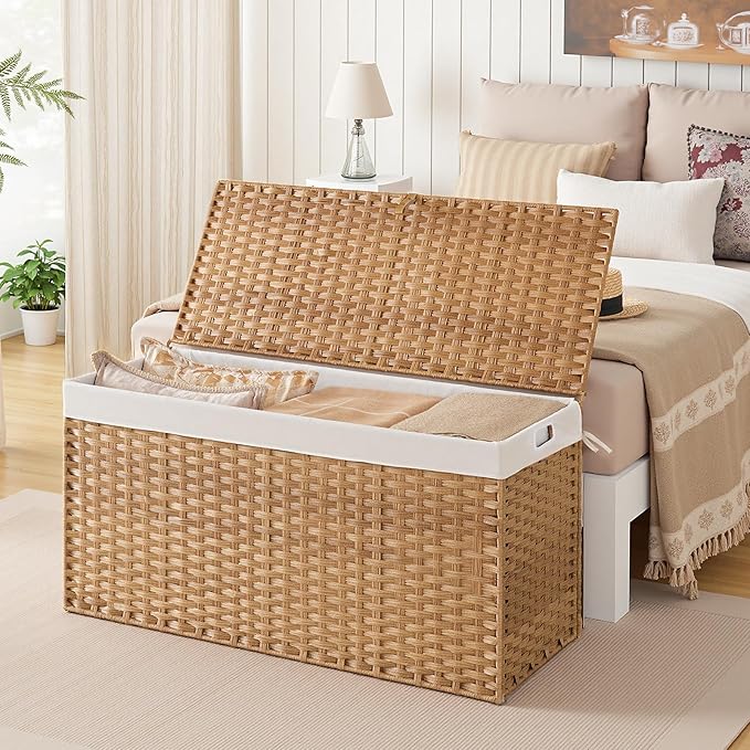 HOOBRO Storage Basket with Lid, 52.8 Gallon (200L) Wicker Basket, Handwoven Blanket Storage Basket with Handles, Metal Frame and Soft Lining, Foldable for Bedroom, Laundry Room, Natural NL220CW01
