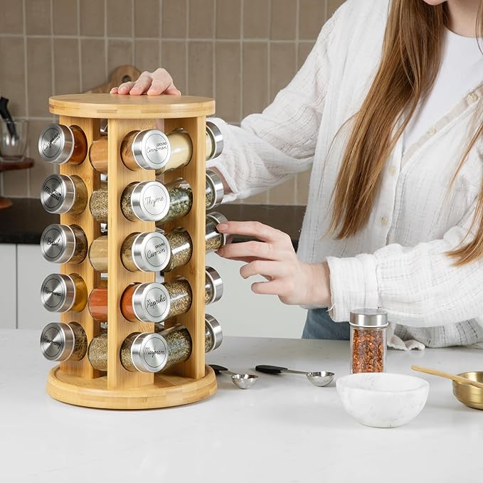 Orii 20 Jar Rotating Bamboo Spice Rack with Spices Included & 5-Year Free Spice Refill Program – Revolving Countertop Spice Rack with Glass Jars