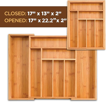 Bambüsi Bamboo Expandable Drawer Organizer for Utensils - Adjustable Cutlery Tray with Dividers for Silverware, Flatware, and Knives in Kitchen, Bedroom, or Living Room Storage Organization