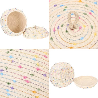 Sea Team Round Cotton Rope Storage Basket with Lid, Colorful Rainbow Pompom Woven Storage Bin, Pot, Caddy, Organizer, Container for Snacks, Towels, Plants, 10 x 7.5 Inches (Small, Rainbow)