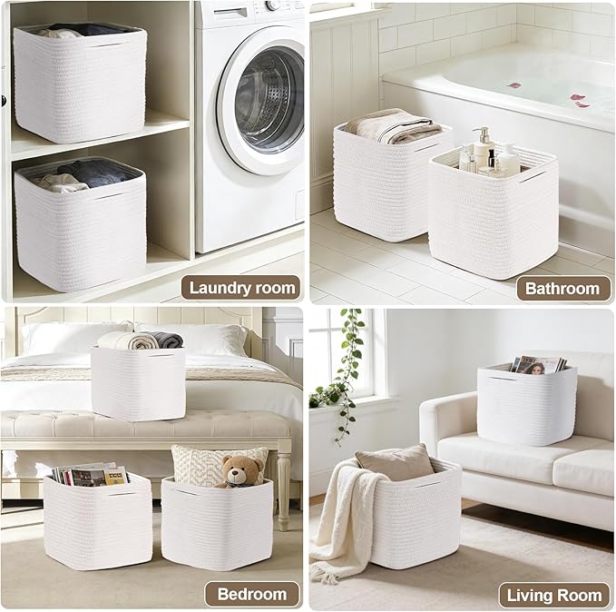 Cube Storage Bins 11 Inch Shelf Cotton Rope Baskets for Organizing, Woven Storage Basket - For Magazines, Living Room, Closet, White 3 Pack