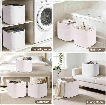 Cube Storage Bins 11 Inch Shelf Cotton Rope Baskets for Organizing, Woven Storage Basket - For Magazines, Living Room, Closet, White 3 Pack