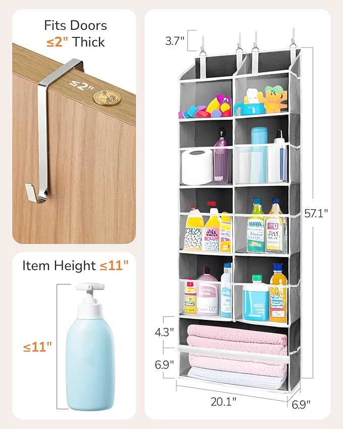 ULG Over the Door Organizer, 5-Tier Extra Large Hanging Storage with 10 Mesh Pockets, 100 lbs Capacity, Heavy Duty Door Organizer for Closet, Bedroom,Grey