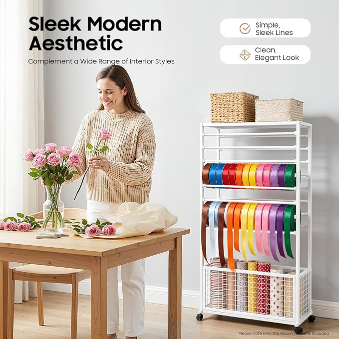 16-Tier Double-Sided Ribbon Holder Organizer Rack with Storage Basket & Wheels, Multifunctional Flower Wrapping Paper Display Stand for Craft Rooms, Flower Shops (White, 31.5''W x 12.6''D x 59.06''H)