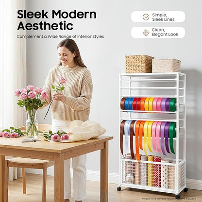 16-Tier Double-Sided Ribbon Holder Organizer Rack with Storage Basket & Wheels, Multifunctional Flower Wrapping Paper Display Stand for Craft Rooms, Flower Shops (White, 31.5''W x 12.6''D x 59.06''H)