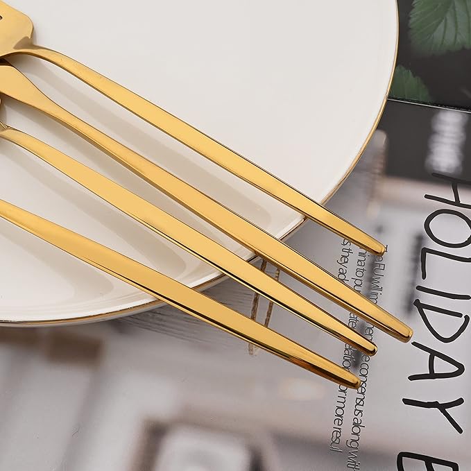 24 Piece Hanging Flatware Set, Stainless Steel Family Kitchen Utensil Set with Rack, Cutlery set for 6 with Holder, Silverware Sets with Holder, Hanging flatware set, Mirror Polished(Gold)