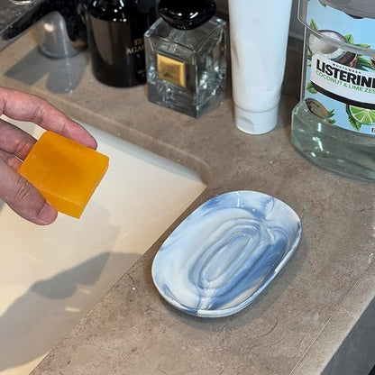 Ceramic Marble Pattern Soap Dish, Textured Raised Soap Saver Tray for Shower Bathroom Kitchen Sink Vanity, Easy to Clean Multi-Use Holder for Bar Soap Jewelry Rings Keys, Blue (1 Pack)