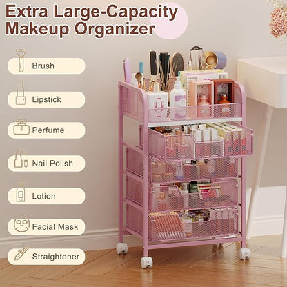 Hongtamoya Makeup Cart Organizer with 4 Drawers, Large Floor Skincare Organizers, Vanity Storage Organizer Cosmetics Display Cases for Skin Care Perfume Nail Polish, Pink