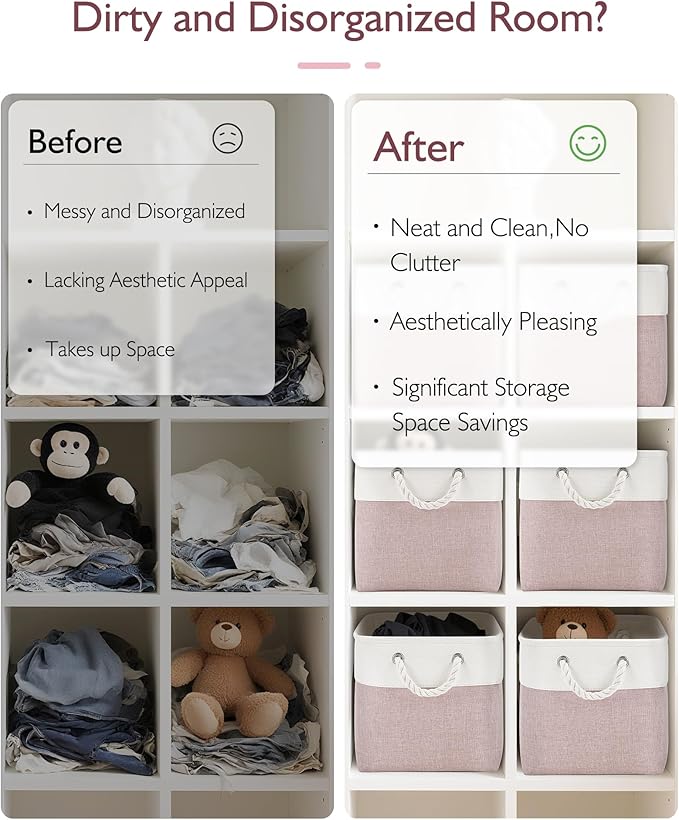 Patvingot 11 Inch Cube Storage Bins, 6 Pack Fabric Storage Cubes with Rope Handles, Organizer Baskets for Closet Shelves, Clothes and Home Organization(White/Pink)