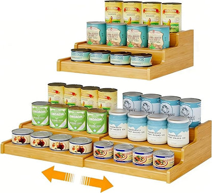 Expandable Bamboo Can Storage Display for Pantry, Easy-Access 3-Tier Adjustable Can Organizer Shelf for Cabinets, Canned Goods & Food Storage, Soda Can Organizer Holds Up to 24 Cans (Patent Pending)