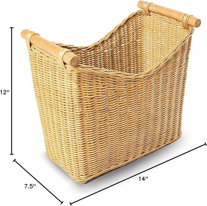 The Basket Lady Narrow Wicker Magazine Basket, Large, 14 in L x 7.5 in W x 12 in H, Sandstone