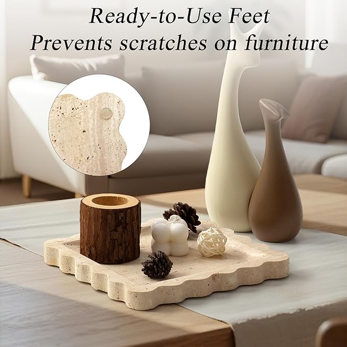 Square Travertine Vanity Tray with Scalloped Edge - Natural Stone Perfume Tray Decor for Dresser, Vanity, Kitchen, Home Decor, Decorative Square Stone Tray - Travertine 8 * 8 inch