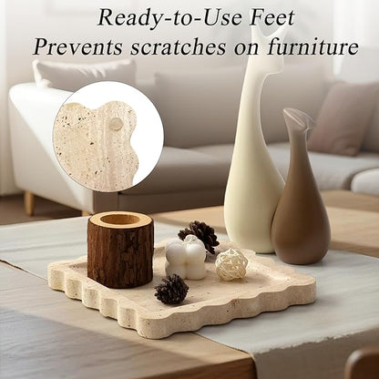 Square Travertine Vanity Tray with Scalloped Edge - Natural Stone Perfume Tray Decor for Dresser, Vanity, Kitchen, Home Decor, Decorative Square Stone Tray - Travertine 8 * 8 inch