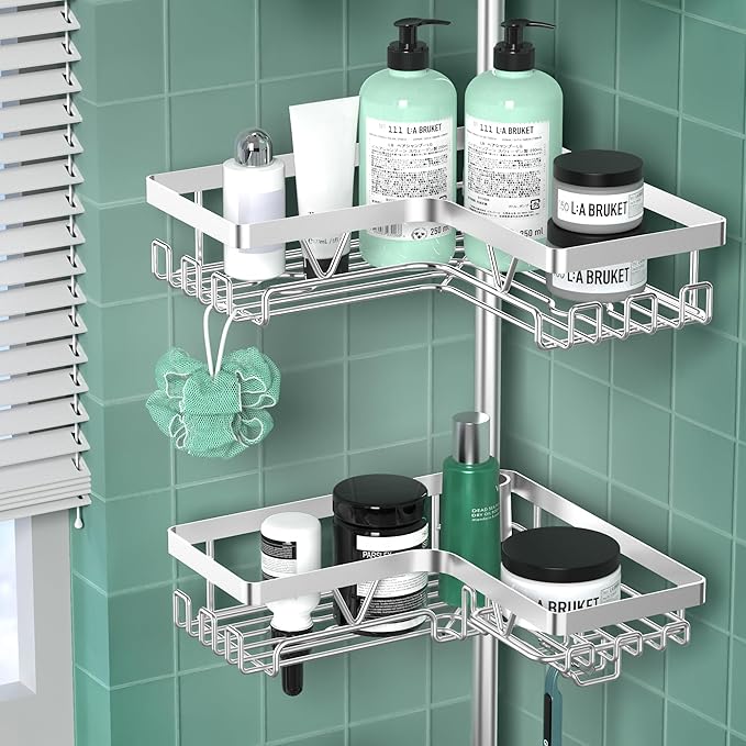 DAOYA Shower Caddy Tension Pole - Corner Shower Shelves with Soap Holder Bathroom Shower Organizer for Tub (Stainless Steel, Silver, Floor to Ceiling 25-114.2 inch)