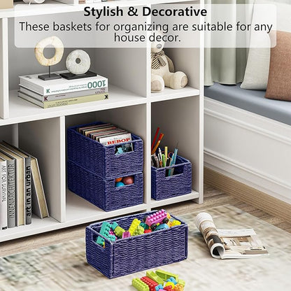 Vagusicc Wicker Storage Basket, Set of 2 Hand-Woven Paper Rope Wicker Basket, Small Storage Baskets for Organizing Toilet Paper, Foldable Small Cube Organizer Bins for Shelves (Purple)