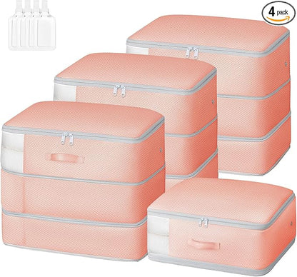 Comforter Storage Bag - Large Capacity Blanket Storage Bags 3-Layer Ultra Space Saving Self Compression Organizer, Washable Compression Bags for Storage Comforter Blanket, 4-Pack, Pink