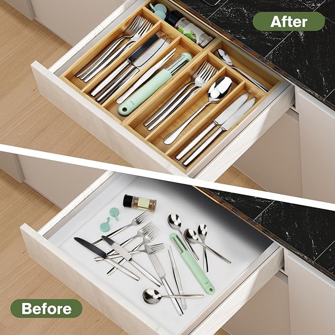 shenee Small Silverware Organizer, Bamboo Drawer Organize, Bamboo Silverware Drawer Organizer, Spoon Flatware Storage with Grooved Drawer Dividers