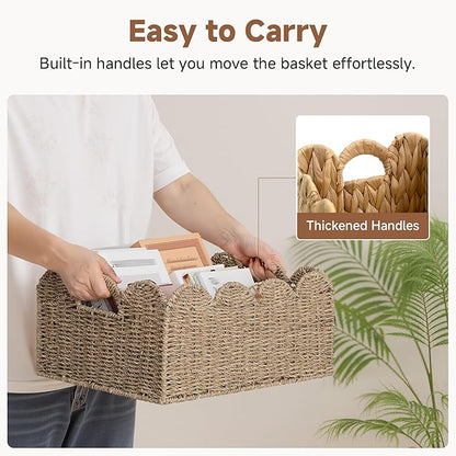 StorageWorks Scalloped Seagrass Baskets, Hand-woven Rattan Baskets with Built-in Handles, Cute Baby Basket for Nursery, Basket for Organizing and Decor, 16½"L x 13"W x 7½"H