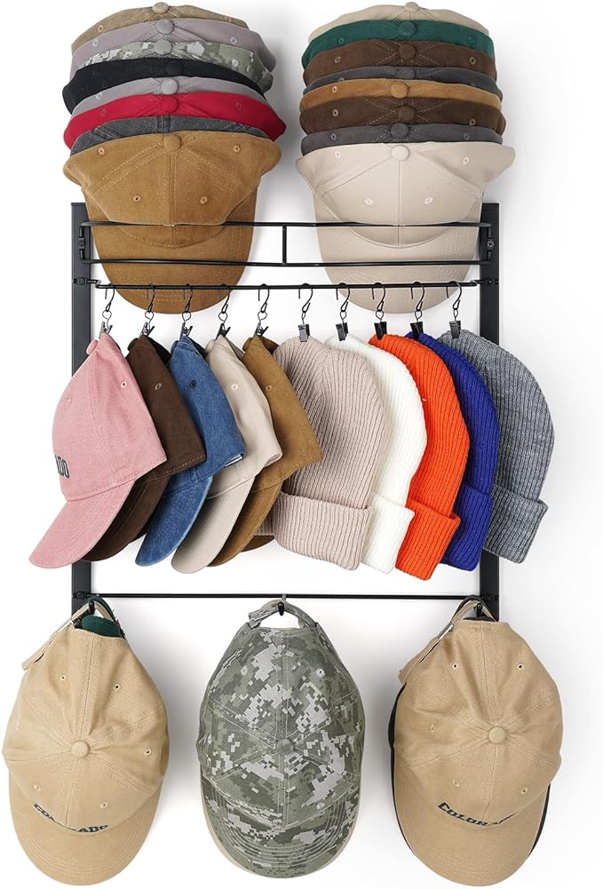 Hat Rack for 45 Baseball Caps with 10 Clips 3 Tier Hat Organizer for Wall Multi-functional Hat Hanger Metal Hat Holder at Closet Bedroom Entryway Gift for Men Boy Teen