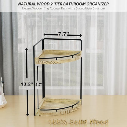 Corner Bathroom Counter Organizer, 2 Tier Wood Vanity Storage, Waterproof Skincare Shelf for Kitchen & Toiletries Decor, Dresser (Rustic-2 Tier)