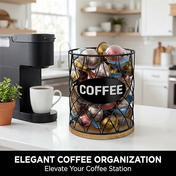 Coffee Pod Holder for K Cups – K Cup Organizer with Metal Wire and Bamboo Base, Large Capacity Coffee Pod Storage for Countertop, Coffee Bar or Kitchen, Pod Holder for K-Cup Style Capsule