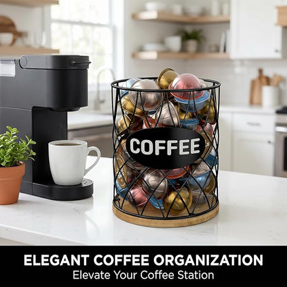 Coffee Pod Holder for K Cups – K Cup Organizer with Metal Wire and Bamboo Base, Large Capacity Coffee Pod Storage for Countertop, Coffee Bar or Kitchen, Pod Holder for K-Cup Style Capsule