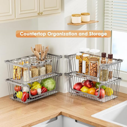 4 Pack Stackable Wire Baskets with Handles for Pantry Organizers and Storage, Fruit and Vegetable wire storage baskets, Potato and Onion Storage Bin, Metal Baskets for Organizing Snacks, Cans (Gray)