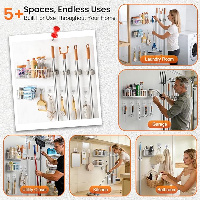 11 Pack Broom Holder Wall Mount Self Adhesive,Broom and Mop Organizer Wall Hanging with Cleaning Supplies Organizer and Utility Hooks Grippers,Broom Hanger Storage Rack for Closet Cabinet Laundry Room