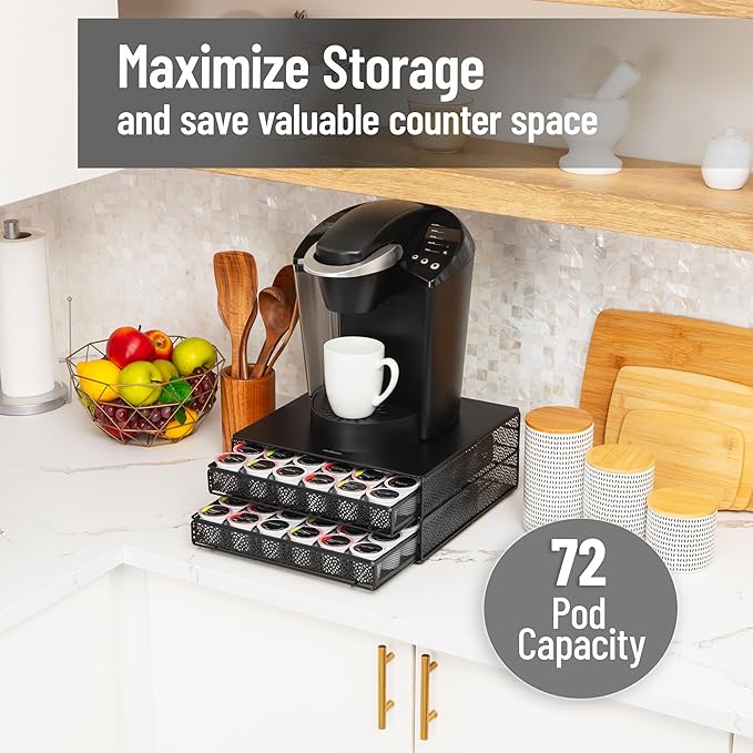 Mind Reader 2 Drawer Coffee Pod Organizer with Removable Dividers, 72 Pod Capacity, Metal Mesh Coffee Station Base with Guided Drawer Track, Black