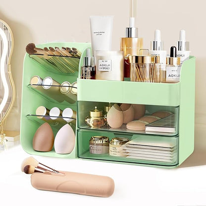 Makeup Organizer Countertop with Drawers, Cosmetic Organizer with Travel Makeup Brush Holder, Skincare Organizer & Storage with Drawers for Bathroom, Beauty Essentials, Eyeshadow (green)