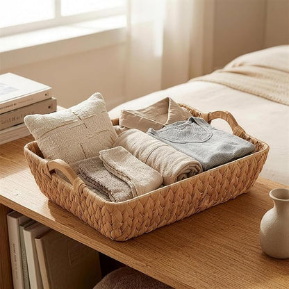 Water Hyacinth Wicker Storage Basket, Handwoven Rectangular Basket with Wooden Handles, Home Organization Decor Basket, Ideal Gift for Women