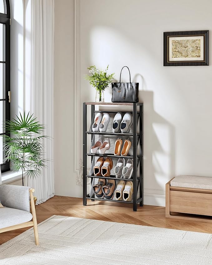 CHOEZON Shoe Rack, 5-Tier Slanted Shoe Rack, Narrow Shoe Storage Shelf, Slim Shoe Organizer for Entryway, Space-Saving, Wooden Top and Metal Frame, for Entryway, Hallway, Greige and Black TXJ03BG