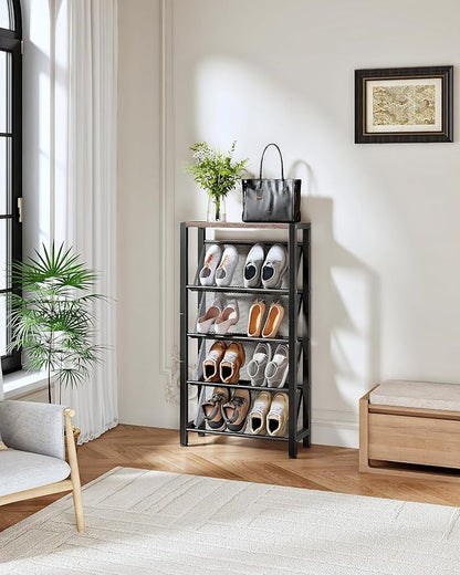 CHOEZON Shoe Rack, 5-Tier Slanted Shoe Rack, Narrow Shoe Storage Shelf, Slim Shoe Organizer for Entryway, Space-Saving, Wooden Top and Metal Frame, for Entryway, Hallway, Greige and Black TXJ03BG