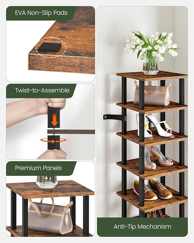 CHOEZON 9-Tier Vertical Shoe Rack, DIY Corner Shoe Rack for Entryway, Narrow Shoe Shelf, Tall Storage Organizer, Saving Space, for Small Spaces, Entryway, Hallway, Rustic Brown and Black MXJ01BF