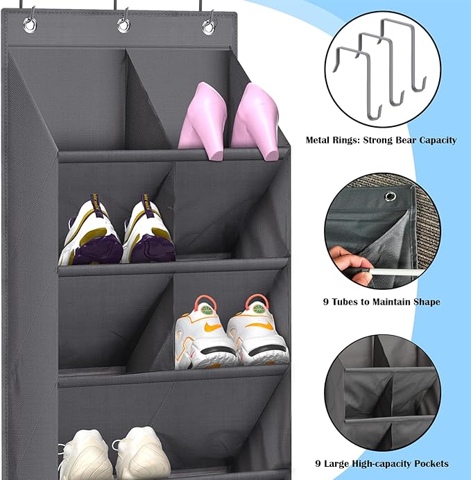 BZV Lemon 2 Pack Hanging Closet Organizer with 9 Deep Pockets, Over the Door Shoe Rack, Holder for Narrow Door Dorm RV Storage, Grey