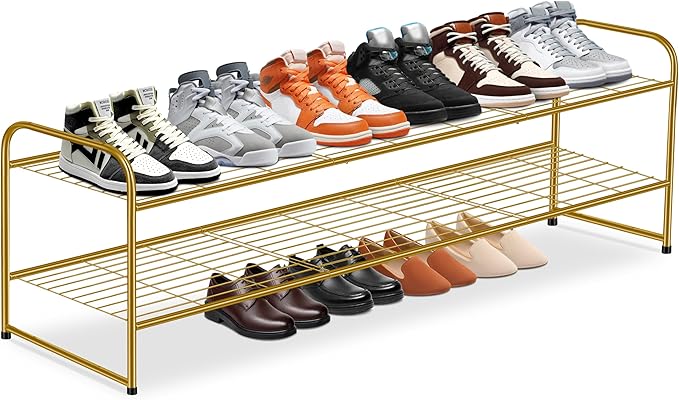 KEETDY 2-Tier Long Shoe Rack for Closet Metal Shoe Organizer for Entryway, Wide Stackable Shoe Storage Shelf with Sturdy Wire Grid for Closet Floor, Bedroom, Gold