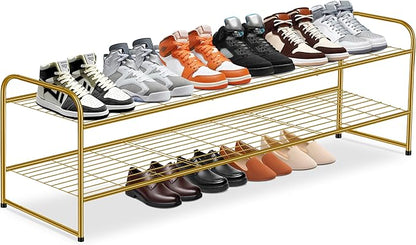 KEETDY 2-Tier Long Shoe Rack for Closet Metal Shoe Organizer for Entryway, Wide Stackable Shoe Storage Shelf with Sturdy Wire Grid for Closet Floor, Bedroom, Gold