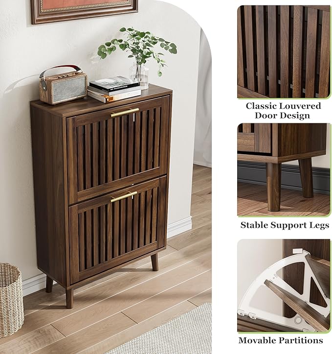Shoe Cabinet, Shoe Storage Cabinet with Louvered 2 Flip Drawers, Narrow Shoe Cabinet Storage for Entryway, Freestanding Shoe Organizer Cabinet with Golden Handles, Slim Shoe Rack Cabinet (Walnut)
