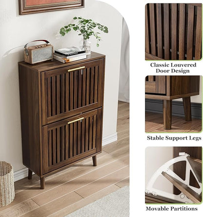Shoe Cabinet, Shoe Storage Cabinet with Louvered 2 Flip Drawers, Narrow Shoe Cabinet Storage for Entryway, Freestanding Shoe Organizer Cabinet with Golden Handles, Slim Shoe Rack Cabinet (Walnut)