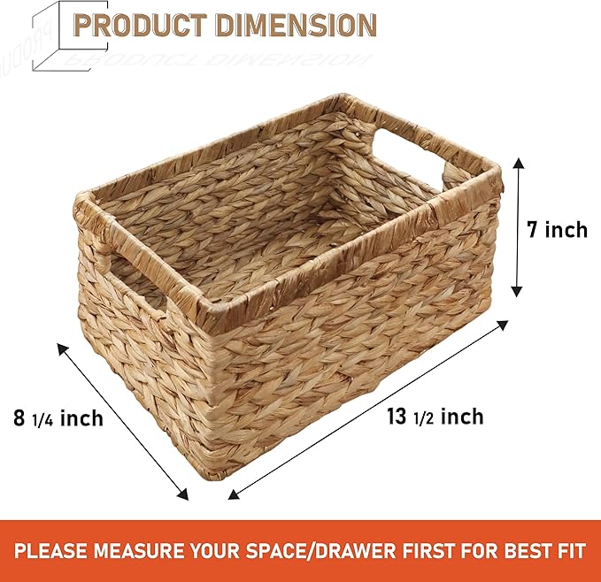 2-Pack Handwoven Water Hyacinth Storage Baskets with Handles, Wicker Bins for Pantry Organization, Shelf or Closet Organizer, Decorative Boho Rectangular Basket 13.5" x 8"