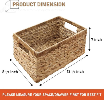 2-Pack Handwoven Water Hyacinth Storage Baskets with Handles, Wicker Bins for Pantry Organization, Shelf or Closet Organizer, Decorative Boho Rectangular Basket 13.5" x 8"