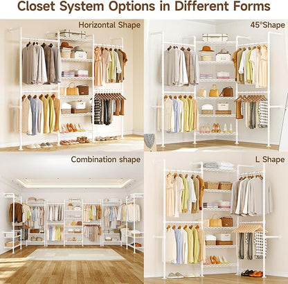 ONBRILL H3 Expandable Wall Mounted Closet System, 5.4FT-8.1FT Closet Organizer with 4 Telescopic Rods & 6 Wire Shelves, Industrial Pipe Clothing Rack for Walk-in & Reach-in Closet (White)